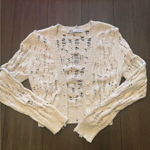 Zara Cream Distressed Open-Knit Button Cardigan